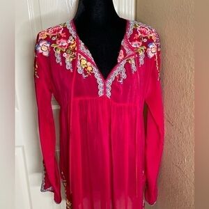 Johnny Was Venessa Georgette Floral Embroidered Long Sleeve Tunic Size Small   